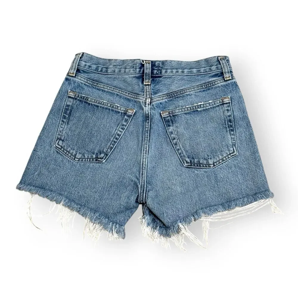 AGOLDE Parker Long Women's High Rise Blue Denim Cut Off Shorts 24 Button Fly